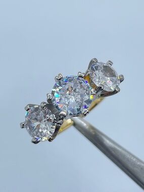 Diamond White Cubic Zirconia 3 Stone Round Cut Gold Silver Bridal Statement Ring